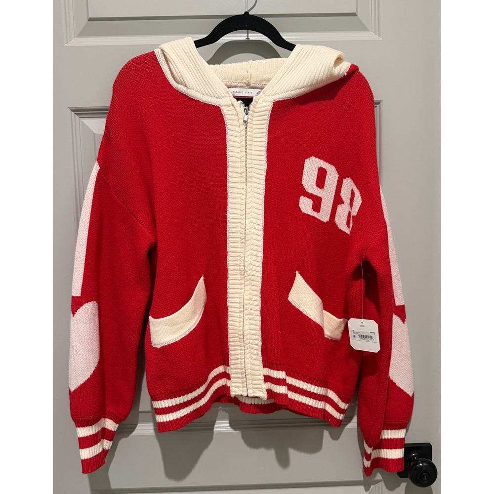 Altar'd State Red White Varsity 98 Heart Patch Zip Up Knit Hoodie Sweater Small